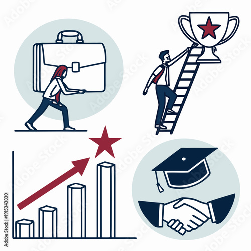 Career success with briefcase, trophy, graph, handshake, graduation cap star