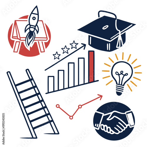 Career success with graduation cap ladder rocket and handshake