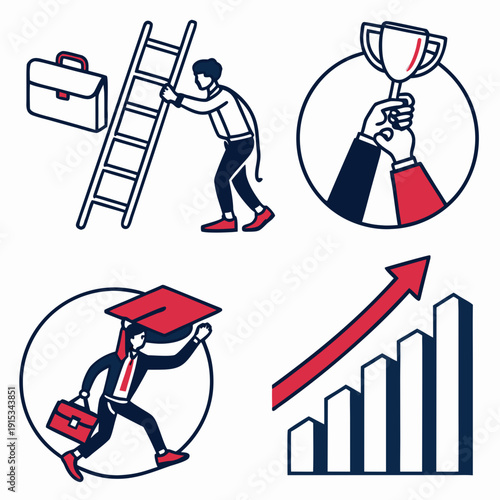 Career success with people climbing ladder and running with briefcase and graduation cap and