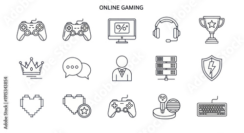 Online Gaming Icons Set: Controller, Headset, Trophy, Keyboard, Computer