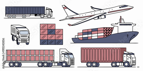 Cargo shipping logistics with trucks airplane and ship
