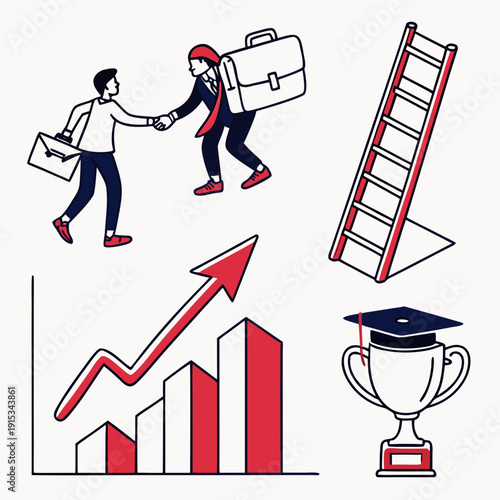 Career success with people shaking hands briefcase ladder graph trophy handshake