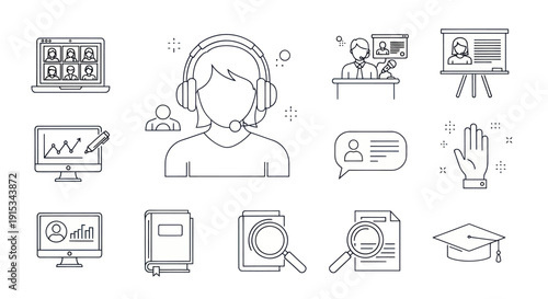 Online Learning and Business Icons: Video Call, Support, Presentation, Analytics