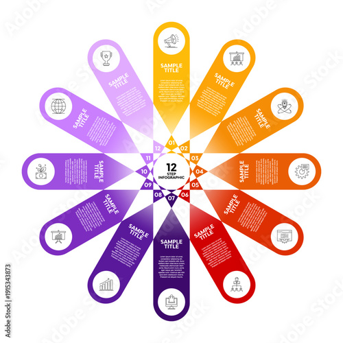 12 step pie chart vector infographic options process for business template presentation. Editable vector eps.