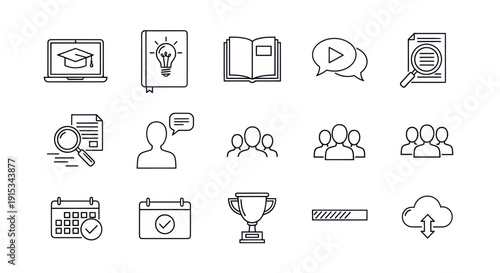 Online Learning Icons: Graduation Cap, Book, Lightbulb, Chat, Search, Calendar, Trophy