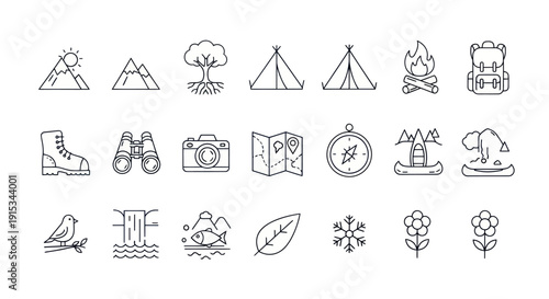 Outdoor Adventure Icons: Camping, Hiking, Nature, Travel - Line Art Set