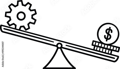 WebCost versus value concept with balance scale showing gear and money icon, business efficiency comparison, investment decision, budget planning, black and white vector illustration