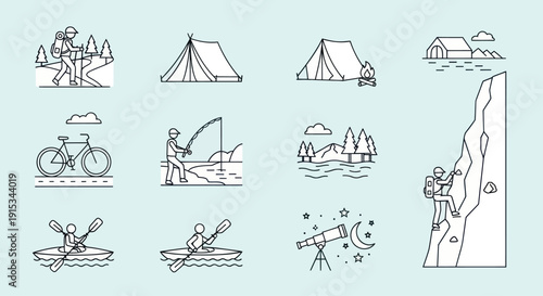 Outdoor Adventure Icons Set: Camping, Hiking, Fishing, Cycling, Kayaking, Climbing, Stargazing