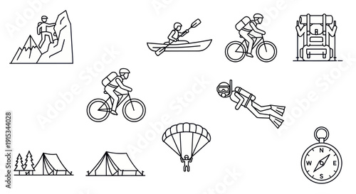 Outdoor Adventure Icons: Hiking, Kayaking, Biking, Diving, Camping, Parachuting, Compass