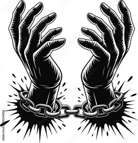 WebChained hands breaking free from shackles in bold black and white illustration, powerful freedom concept symbolizing liberation, resistance, human rights, and social justice struggle