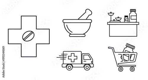Pharmacy Icons: Cross, Mortar Pestle, Counter, Ambulance, Shopping Cart
