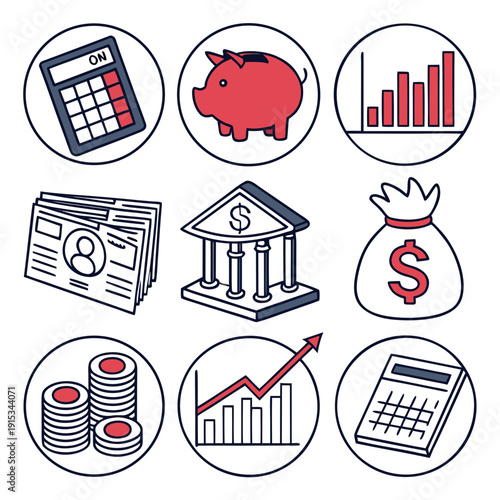 Eight red and white finance on white background accounting calculator piggy bank