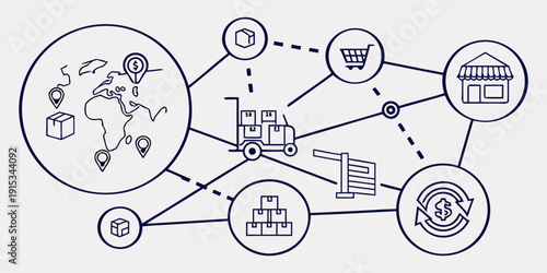 Global supply chain network infographic with truck and