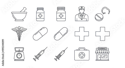 Pharmacy Icons: Mortar, Pills, Doctor, Caduceus, Syringe, First Aid, Scales, Pharmacy Store