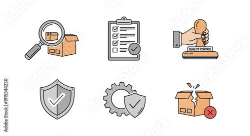 Quality Control Icons Set: Inspection, Checklist, Stamp, Shield, Gear, Damaged Box