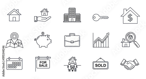 Real Estate Icons: House, Hand, Building, Key, Piggy Bank, Sold Sign