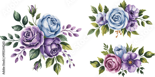 Elegant watercolor floral bouquet collection with purple and blue roses, botanical leaves and vintage arrangement isolated on white background for wedding invitation design