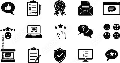 Customer feedback icons set, survey rating symbols, client review silhouettes, satisfaction evaluation graphics, user experience vectors, testimonial support tools, service quality.