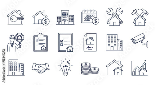 Real Estate Icons Set: House, Key, Building, Finance, Security, Agreement