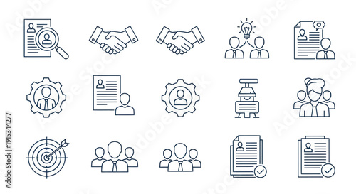 Recruitment Icons: Hiring Process, Teamwork, Job Search, Collaboration, Success