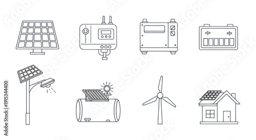 Renewable Energy Icons: Solar, Wind, Battery, Generator, House