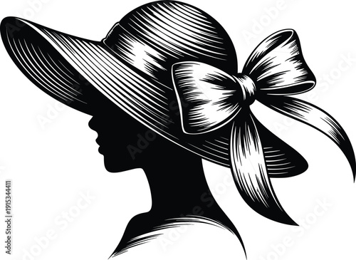 Elegant woman silhouette wearing wide brim hat with bow, vintage black and white engraving style illustration isolated on white background for fashion design