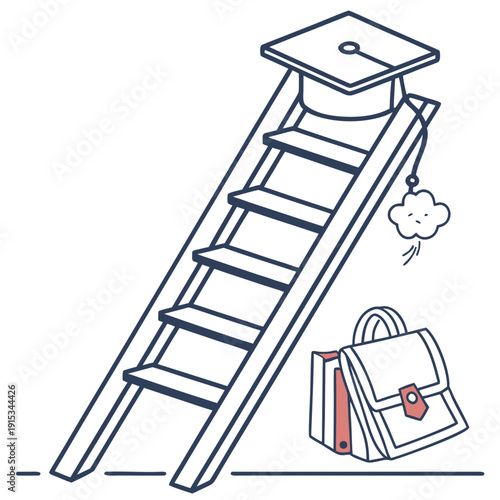 Navy blue ladder with graduation cap and school bag thought bubble