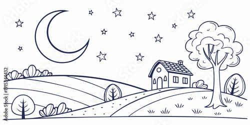Nighttime scene with house tree moon and stars on white background