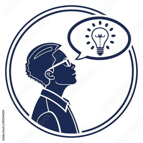 Navy blue silhouette of man with glasses and lightbulb idea in speech bubble