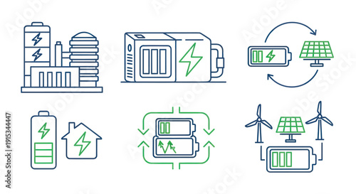 Renewable Energy Sources and Battery Storage Icons Set