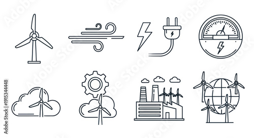 Renewable Energy Icons: Wind Turbines, Electricity, Power Generation, Eco-Friendly