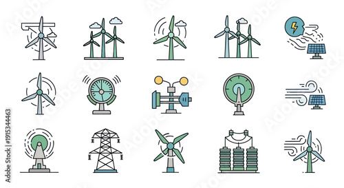 Renewable Energy Icons: Wind Turbines, Solar Panels, Power Lines