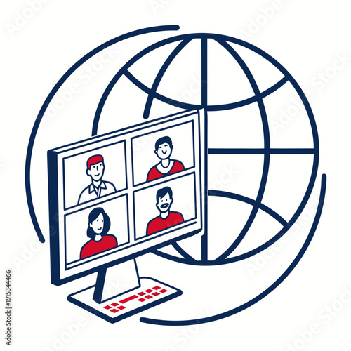 Online meeting on computer screen with four people and globe