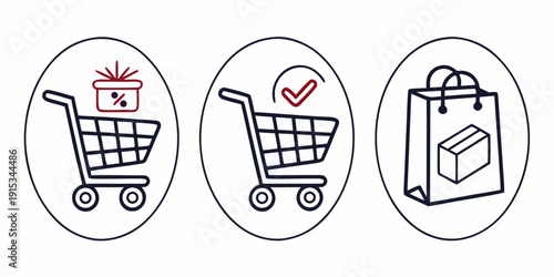 Online shopping cart with discount and checkmark on white background