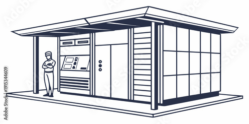 Smart city parcel locker station with attendant standing beside it white background