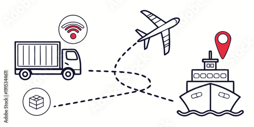 Smart shipping tracking on white background with truck airplane and ship