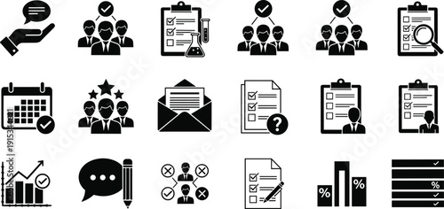 Human resources icons set, management symbols, recruitment silhouettes, business team evaluation, hiring process graphics, professional survey vectors, corporate planning, workforce.