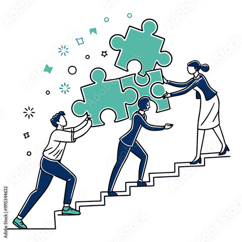 Teamwork collaboration puzzle pieces on staircase with three people business