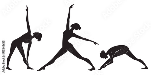 Three black silhouettes of women in yoga poses on white background