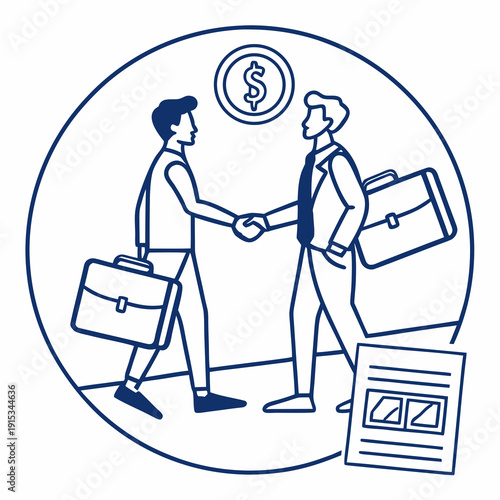 Two businessmen shaking hands with briefcases and dollar sign negotiation handshake