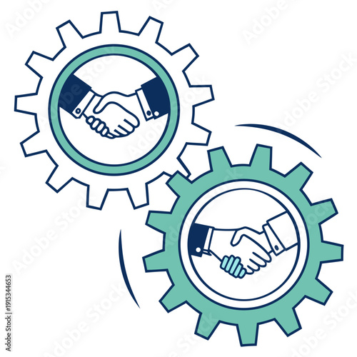 Two gear with handshake in center merging business partnership merger