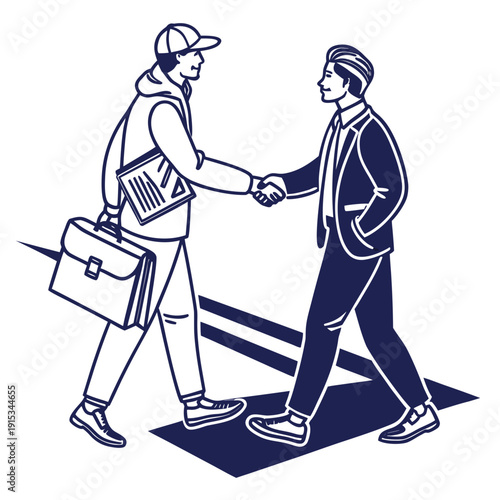 Two men shaking hands one in casual clothes with briefcase and papers and the other in business