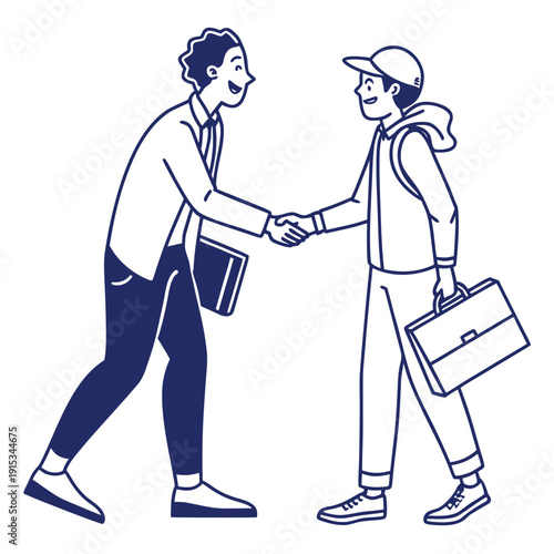 Two men shaking hands with briefcases in outline style handshake blue lines