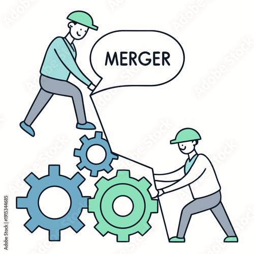 Two workers in green hats merging gears merger business