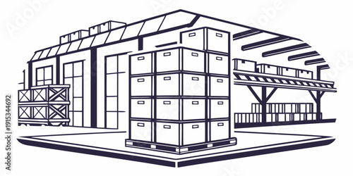Warehouse with stacked parcel boxes on pallet jack and shelving storage