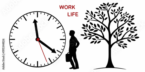 Work life balance concept with clock tree and businessman briefcase work-life balance
