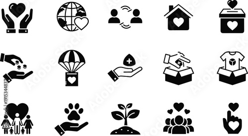 Charity icons set, humanitarian aid symbols, donation heart silhouettes, nonprofit community support, volunteer service graphics, social care vectors, global kindness, philanthropy.