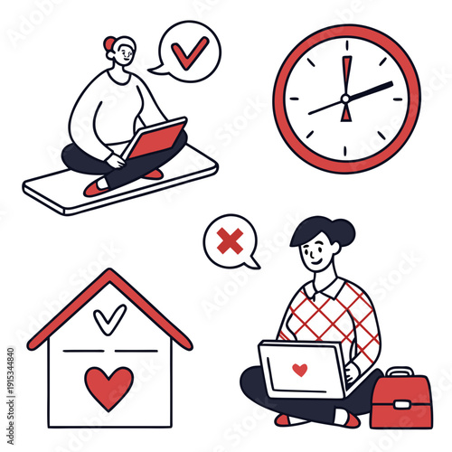 Work life balance with people laptop clock house work-life balance