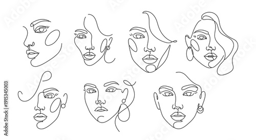 Elegant line art portraits of diverse women faces