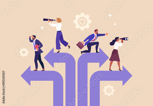 Business Direction Concept. Vector illustration of professionals choosing different paths and looking ahead. Concept of strategy, leadership, decision making, vision and career growth.